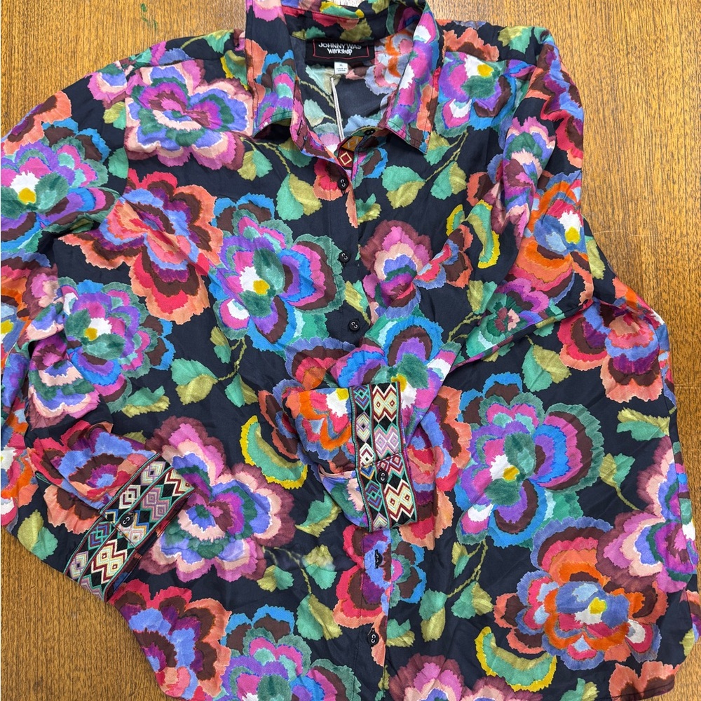 Calanthe, Johnny Was Silk Vibrant Floral Button-Up